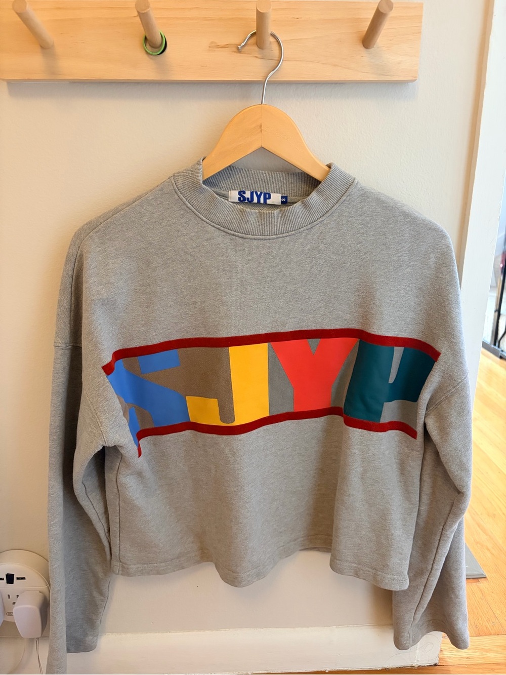 SJYP Gray Cropped Crewneck Sweatshirt with Colorblock Logo in Size Small